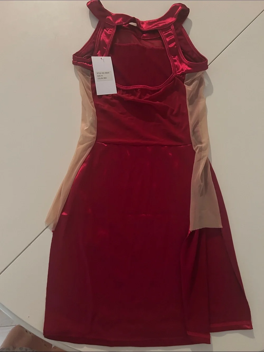Kids Red Velvet Dance Costume Dress with Sheer Side Panels